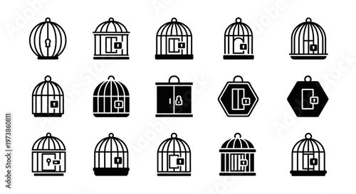 Birdcage icons, black cage silhouettes, bird aviary symbols, 13 vector graphics