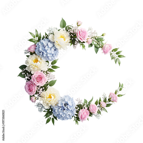A floral wreath with blue, white, and pink flowers