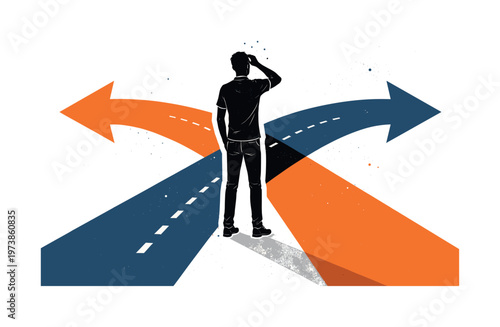 A black and white human figure standing still at an abstract crossroads, head slightly tilted expressing confusion, white cut-out outline around the body,