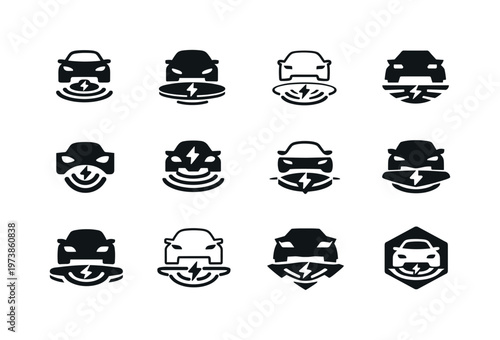 charging stations for electric vehicles. Icon set. Set Logo of charging stations for electric vehicles: wireless EV charging symbol. harmonious logo variations