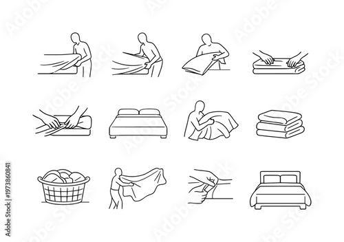 Changing Bed Sheets. Minimalistic set one-line drawing person lifting mattress corner, fitted sheet being stretched over bed, pillowcase being put on pillow,