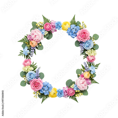 A colorful floral wreath with pink, blue, and yellow flowers