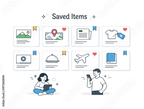 Saved list overview. Multiple content cards arranged in a grid, each marked with a small bookmark or heart icon. The illustration communicates clarity,