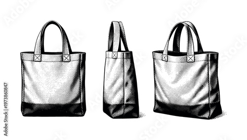 Tote bag canvas A realistic canvas tote bag with soft fabric structure shown in three views: front view, side view, and slightly angled view, focusing on