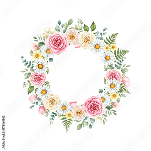 A floral wreath with pink and yellow flowers