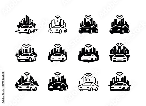 Smart city developments. Icon set. Set Logo of Smart city developments: autonomous transport symbol. harmonious logo variations of the same emblematic concept,