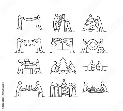 Holiday Spirit Teamwork. Minimalistic set one-line drawing two people hanging banner, friend holding ladder steady, placing ornament carefully, wrapping lights