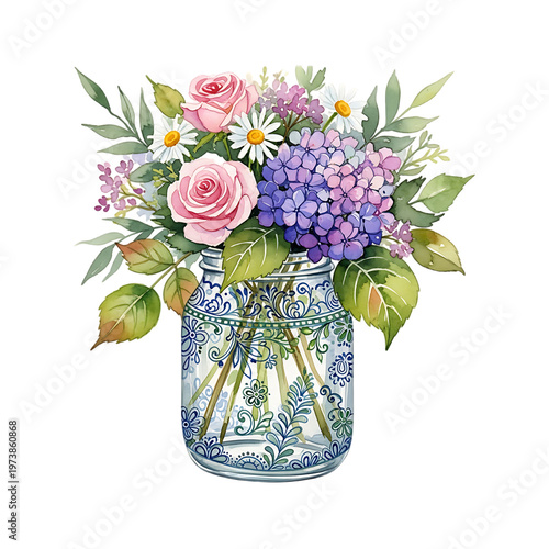 A bouquet of flowers in a blue vase