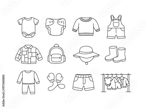 Eco-Friendly Kids Apparel. Minimalistic set one-line drawing bamboo fabric baby bodysuit, reusable cloth diaper, knitted toddler sweater, kids denim overalls,