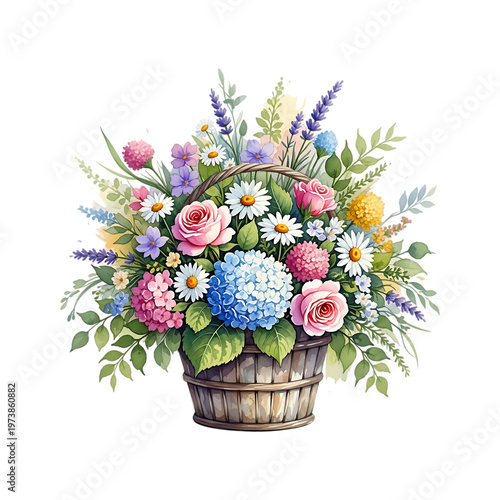 A bouquet of colorful flowers in a basket