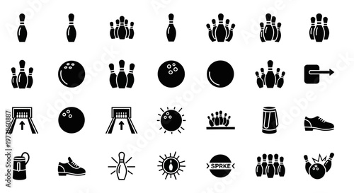 Bowling icons, black vector set, 25 bowling symbols, sports graphics