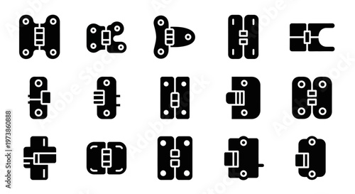 Hinge icons, black silhouette hardware symbols, door hinge graphics, 15 metal fastener illustrations, vector set