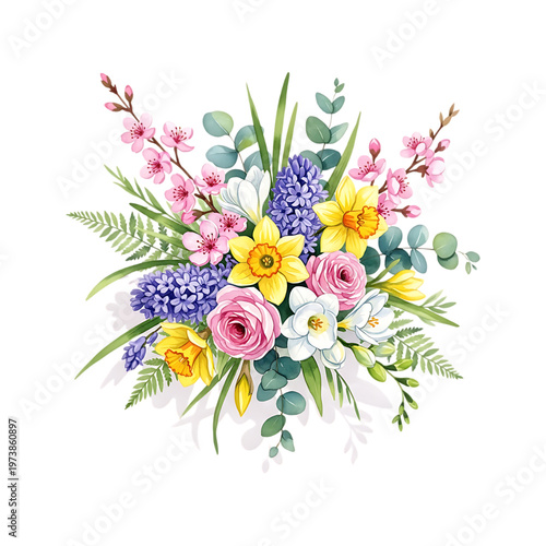 A bouquet of colorful flowers with green leaves