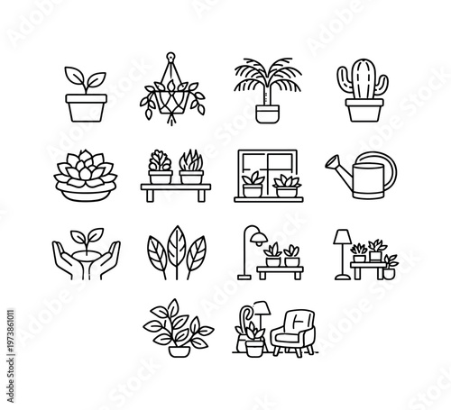 Indoor Greenery. Line icon set of Indoor Greenery: houseplant pot, hanging plant, indoor palm, cactus pot, succulent plant, shelf plants, window plant, plant