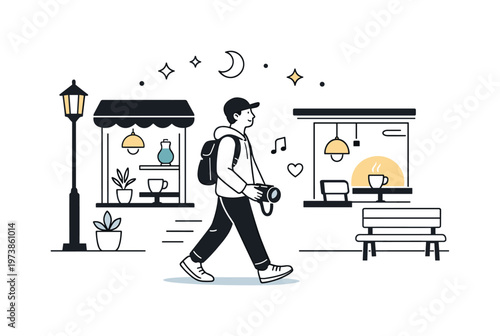 City lights walk. A person with a camera walking past glowing windows and lamps, calm motion and gentle night mood. The scene feels reflective and creative.