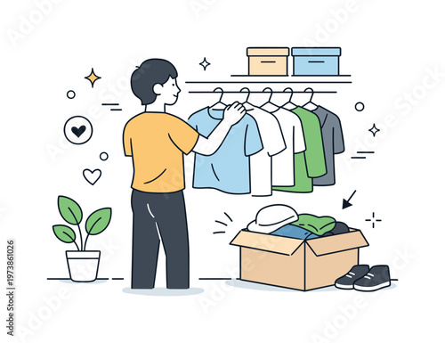 Closet decluttering. A person hanging clothes neatly while removing excess items into a box. Simplifying wardrobe, mindful choices, calm everyday task.