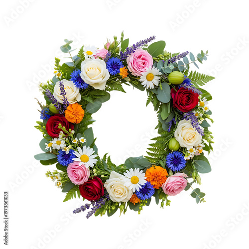 A colorful floral wreath with green leaves and flowers