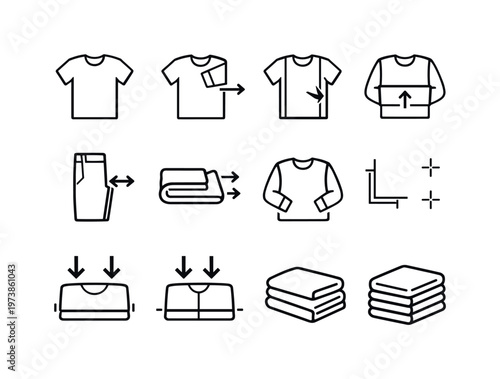 Clothes Folding Steps. Line icon set of Clothes Folding Steps: shirt laid flat, sleeve fold, side fold, bottom fold, final fold, pants fold, towel fold,