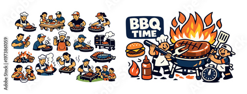BBQ time isometric composition with barbecue and grilling icons, outdoor cooking elements, fire flames, grilled food, sauce bottles, and picnic meal concept. Colorful vector-style set for summer party