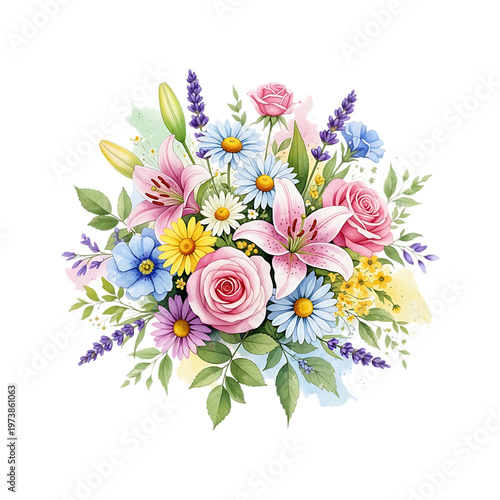 A bouquet of colorful flowers with green leaves