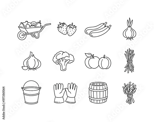 Countryside Garden Harvest Scene. Minimalistic set one-line drawing vintage wheelbarrow with produce, fresh strawberries, zucchini, onion bulb, garlic,