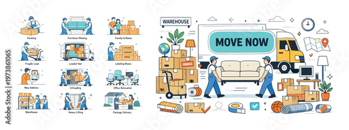 Move now isometric composition with moving service icons, packed boxes, furniture transport, delivery truck, and home relocation elements for logistics and搬 house moving design.

