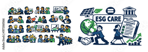 ESG care isometric composition with sustainability reporting, renewable energy, corporate responsibility, governance symbols, and social impact elements for responsible business design.
