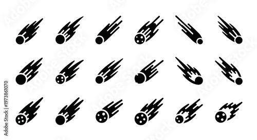 Flaming Rocket, Space, Icons, Black, Vector, 20 Elements, Speed, Motion, Blazing, Fire, Launch