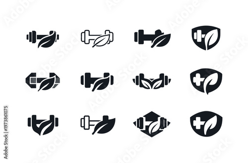 Personalized fitness nutrition plans. Icon set. Set Logo of Personalized fitness nutrition plans: fitness and food synergy. harmonious logo variations of the