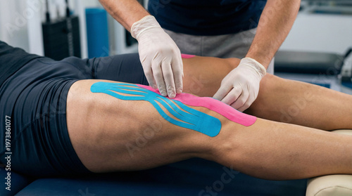A man is applying a bandage to a woman's knee
