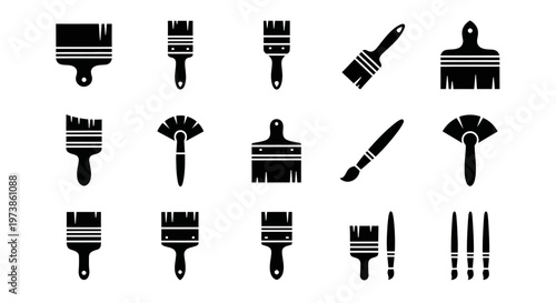 Black paint brushes, painting tools, icons, vector graphics, artistic supplies, 16 silhouette elements