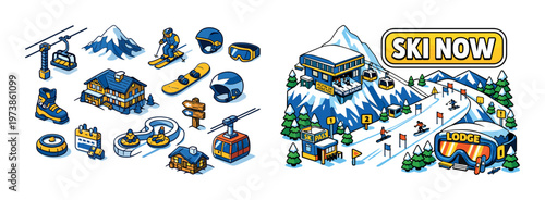 Ski now isometric composition with winter sports icons, ski resort elements, snowy mountain landscape, cable car, chalet, and alpine vacation concept. Colorful vector-style set for snow adventure