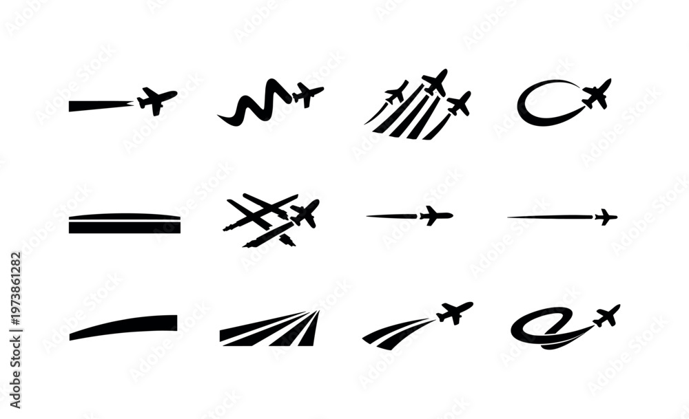 Fototapeta premium Contrails in the Sky. Solid icon set of Contrails in the Sky: straight contrail, zigzag jet trail, multiple sky trails, airplane vapor path, horizon contrail,