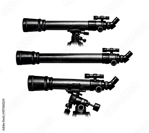 Telescope side profile. A realistic telescope shown as one object in three different views, focusing on side silhouette, tube length, and balance between