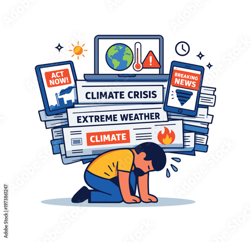 Climate reporting burnout shown as a stack of news papers and screens weighing down a small human figure, expressing exhaustion, responsibility and nonstop