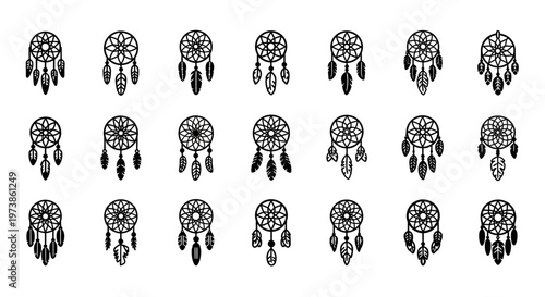 Dreamcatcher icons, black and white dreamcatchers, vector dream catcher set, 20 dreamcatcher illustrations