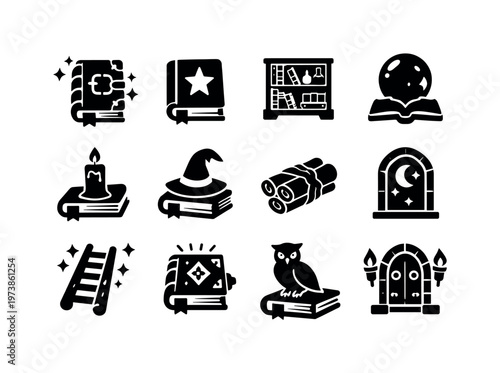 Fantasy Library. Solid icon set of Fantasy Library: enchanted book, spell book with star, mystical bookshelf, crystal ball on book, candle with book, wizard