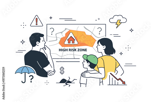 Insurance retreat zones. A family looking at a home marked as high-risk on a map, uncertainty about coverage and future stability, calm but tense editorial