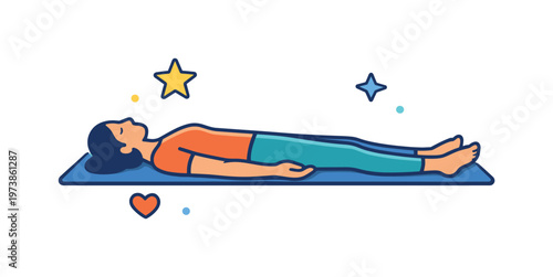 Yoga stretching for deep relaxation conveyed through a lying rest pose with soft star accents, symbolizing recovery, calm, and full body release. Minimalist