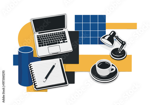 Black and white top-view desk composition with laptop, notebook, coffee cup and small desk lamp, objects appearing as layered paper cut-outs with subtle white