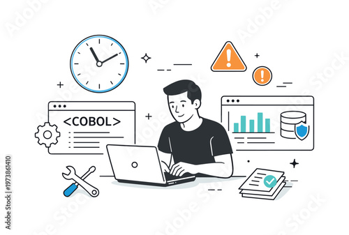 COBOL revival emergency maintenance. Programmer urgently fixing legacy financial or government system, clock and alert icons floating nearby. Scene conveys