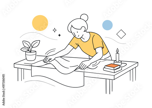 Home styling. Hands adjusting a table runner, smooth fabric curves and clean edges, subtle motion lines showing care. Thoughtful preparation and attention to