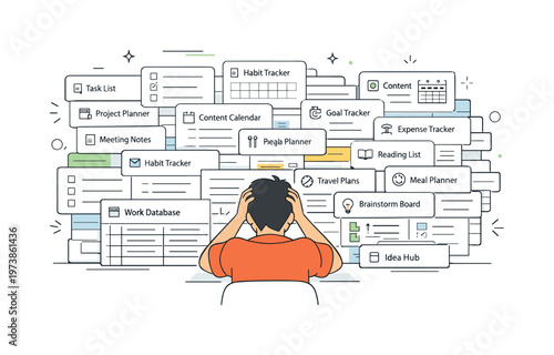 Notion template overload. A person staring at a dashboard filled with neatly stacked templates, checklists, and databases. Quiet overwhelm, decision paralysis,