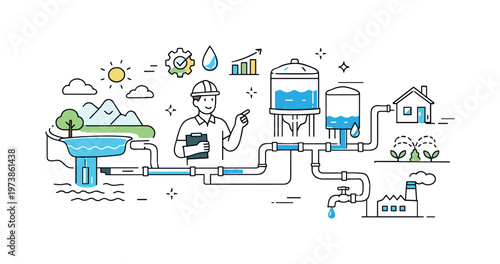 Sustainable water supply. Friendly illustration of clean water flowing through pipes and storage tanks, showing careful distribution and long-term planning.