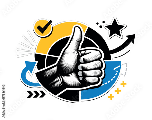 A dynamic graphic collage showing a black and white thumbs up gesture intersected by semicircles, arrows and abstract symbols representing approval and