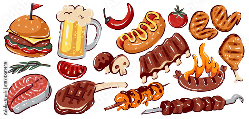 BBQ grill tools set with steaks, sausages, skewers, knives, cleaver, grill rack, fire, charcoal bag, wine glasses and sauces. BBQ elements in bold cartoon outline style, vector illustration.