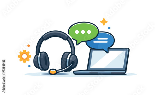 IT support technician headset centered on a calm workspace scene where a headset rests beside a laptop and chat bubbles, symbolizing readiness to assist and