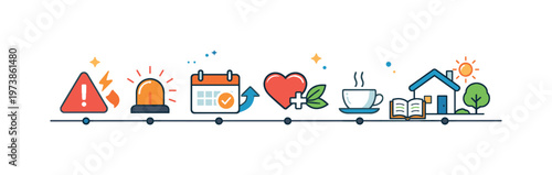 Crisis normalization shown as a steady timeline where alert symbols gradually transform into calm everyday icons. The scene communicates adaptation, resilience