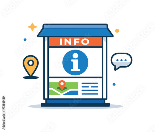Information kiosk sign shown as a central reference point, symbolizing help, orientation, and user friendly navigation in public places. Minimalist flat vector