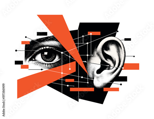 A black-and-white surreal face fragment split into two zones ? one dominated by a large eye, the other by an ear ? intersected by sharp orange geometric shapes